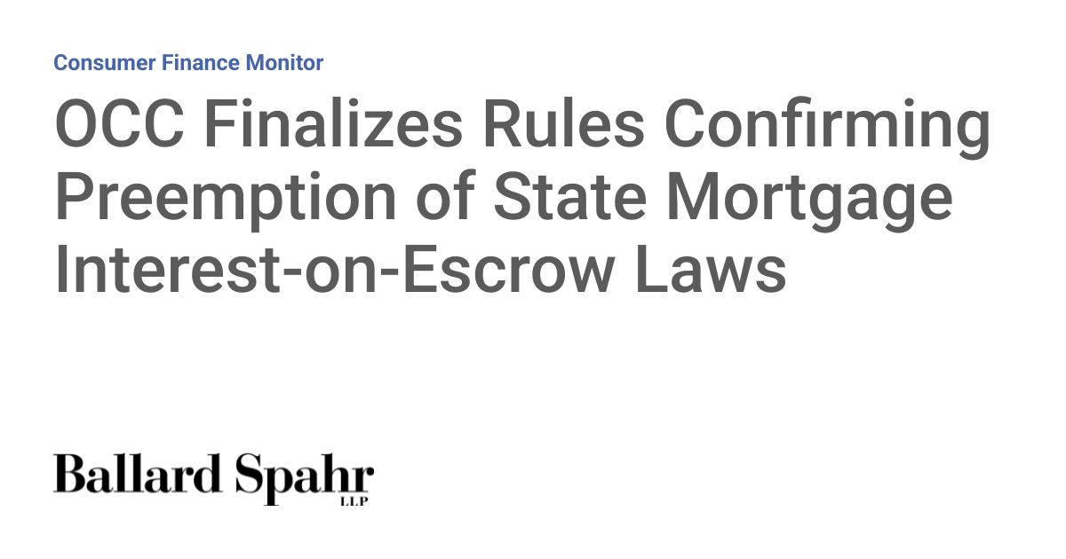 OCC Preempts Escrow-Interest Laws in 14 Jurisdictions